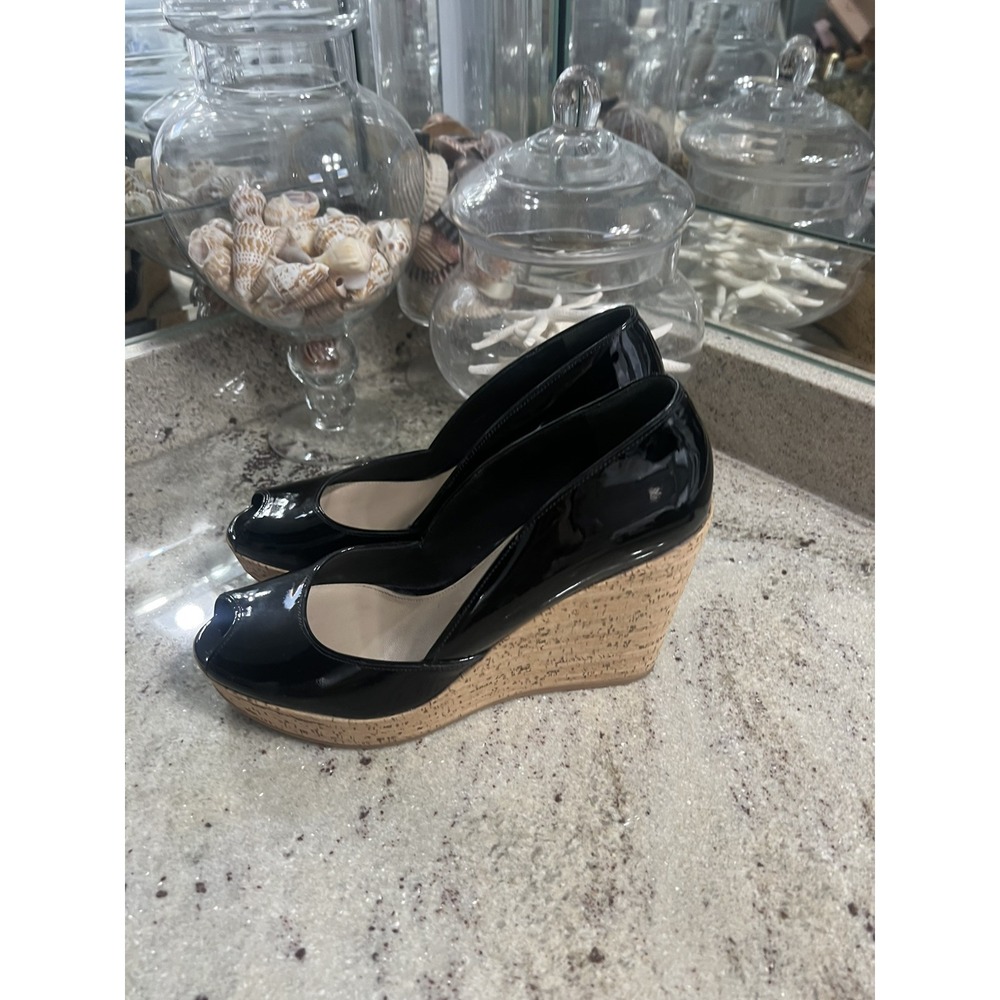 Via Spiga Black Patent Peep Toe Cork Wedge Heels 8.5 M Bohemian Platform